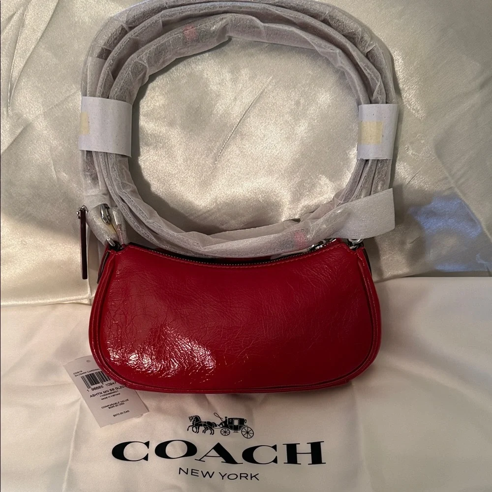 ♥️Coach NWT Red Crinkle Cut Leather Ashton Mini Shoulder Bag withSilver Hardware - Picture 5 of 9